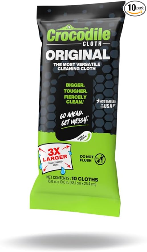 Crocodile Cloth Original Cleaning Wipes – 10 (15” x 10”) Hand & Tool Industrial Cleaning Wipes – Large Multi-Surface Cleaning Cloths, Water-Based Solution with Extreme Cleaning Power — Safe on Skin