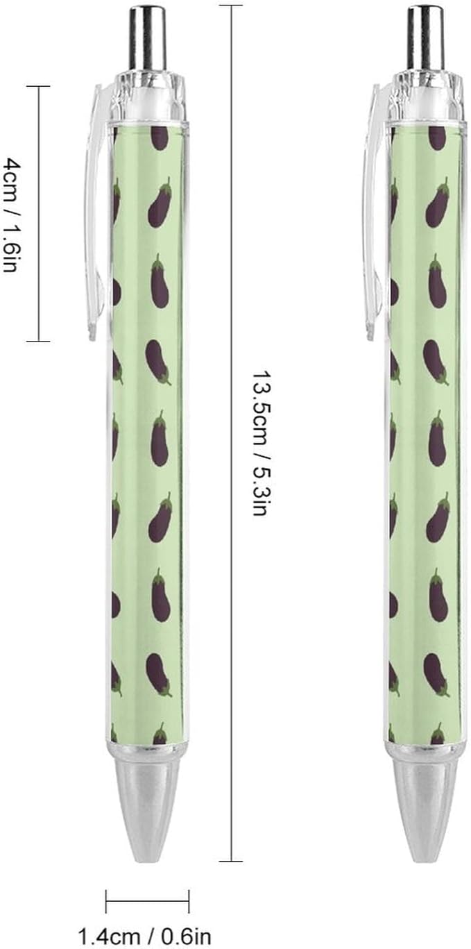 2 Pcs Purple Eggplant Pattern Pens with Black Ink, Womens Retractable Writing Pens, Refillable Ball Point Pen 0.5mm for Office Supplies Teacher Writer