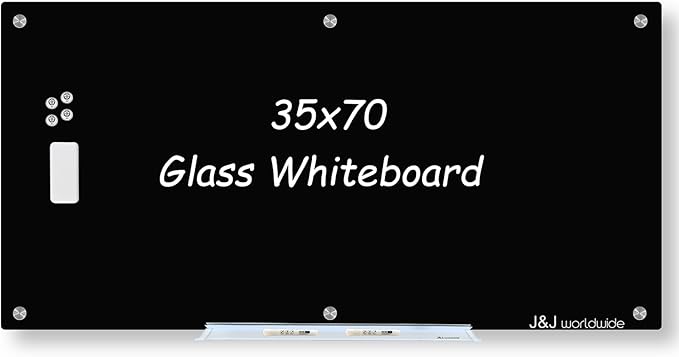 Magnetic Glass Whiteboard, Black Glass Dry Erase Board 6' x 3', Large White Board Frameless for Office Home & School Wall with Magnets, Eraser, Markers
