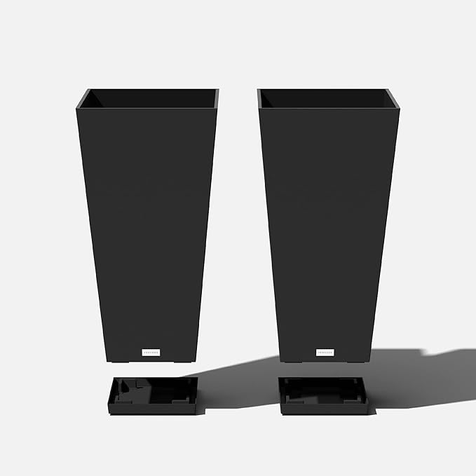 Veradek V-Resin Indoor/Outdoor Taper Planter (Black, 30 inch - 2 Pack with 2 Saucer Trays)