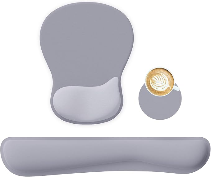 Wrist Rest Support for Mouse Pad Keyboard Set Circle Coaster Gaming Mouse Pad Ergonomic Gel Memory Foam Set for Computer, Laptop, Office, Pain Relief, Comfortably Typing Grey KM-31