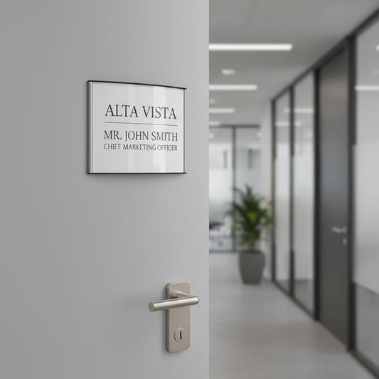 SET OF 4, OFFICE SIGN HOLDER FOR DOOR OR WALL MOUNT NAME PLATE FRAME DISPLAY CURVATURE PLAQUE SILVER ALUMINUM 6.00" W x 6.0" H