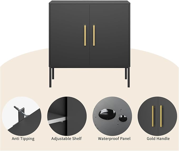 LYNSOM Storage Cabinet with Doors, Set of 2, Modern Buffet Cabinet with Storage, Kitchen Sideboard Buffet, Black Wood Accent Cabinet for Living Room, Bedroom, Hallway, Entryway, Office, Black