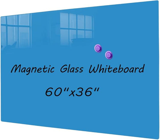 DEVELOP Large Magnetic Blue Glass Dry Erase Board, 60 x 36 Inches (150 x 90 cm), Modern Tempered Glass Whiteboard for Wall, Frameless White Board with Marker Tray, 4 Markers, 2 Magnets, 1 Eraser