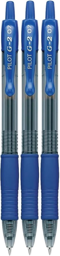G2 Retractable Premium Gel Ink Roller Ball Pens Fine Point Fine Point (.7mm) Blue Ink 3-pk; Refillable & Premium Comfort Grip Bundle with Plastic Reusable Pouch