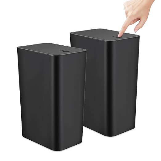 TrashAid 2 Pack Bathroom Trash Can with Lid, 2.6 Gallon / 10 Liter Small Garbage Can with Press Top Lid, Plastic Wastebasket with Pop-up Lids for Toilet, Office, Bedroom, Living Room, Black