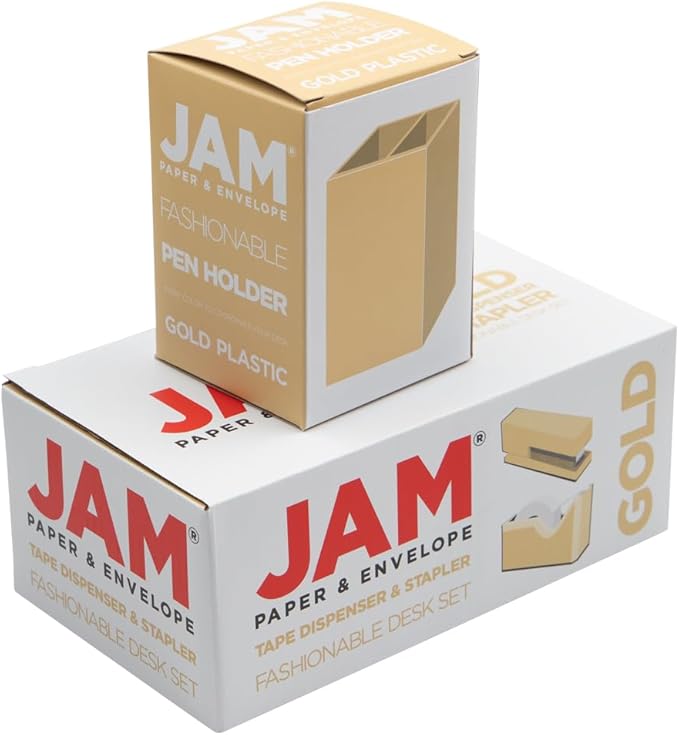 JAM PAPER Desk Trio Pack - Gold - Stapler, Tape Dispenser & Pen Holder - 3/Pack