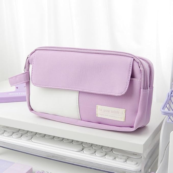 42 Pcs Big Capacity Pencil Pouch with Aesthetic School Supplies, 12 Pastel Highlighters, 5 Black Ink Gel Pens, 6 Mechanical Pencils Set 0.5 & 0.7mm, Sticky Notes, Stationary Set for Student(Purple)