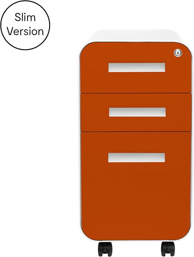Laura Davidson Furniture Stockpile Slim 3-Drawer Mobile File Cabinet with Lock - Under Desk Metal Filing Cabinet, Legal/Letter File Folders, Wheels and Stationary Feet, Pre-Assembled, Orange Faceplate