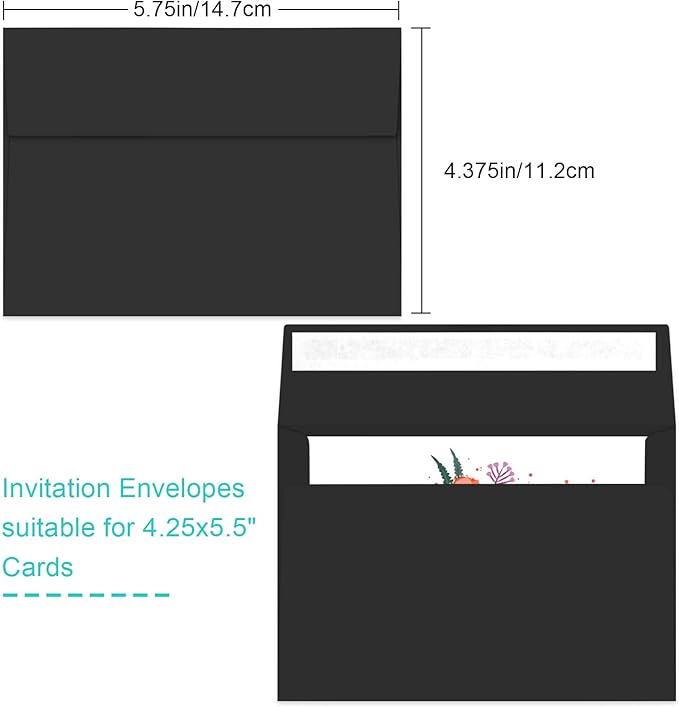 70 Packs A2 Black Envelopes for 4.5x5.5 Cards, Invitations, Photos, RSVP, Greeting Cards - Self-Seal Postcard Envelopes