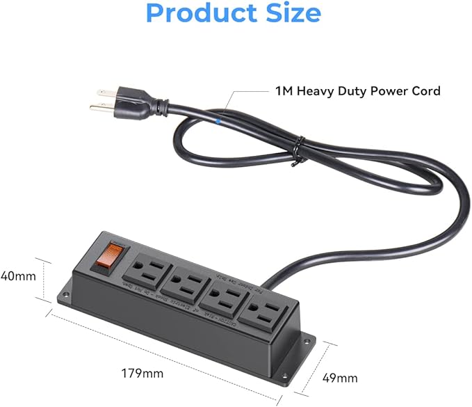 Wall Mount Power Outlet Strip, 4 Outlet Mountable Power Strip with Switch, 3ft Cord Under Desk Power Strip for Office/Industrial/Home, Flat Plug, Black