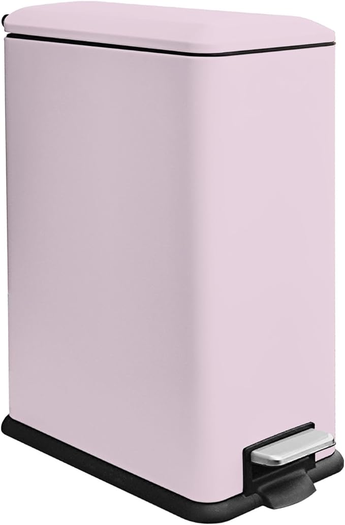 12 Gallon Slim Kitchen Trash Can, Stainless Steel Trash Can with Removal Inner Bucket and Soft-Close Lid, Pedal Garbage Can 45 Liter, Pink