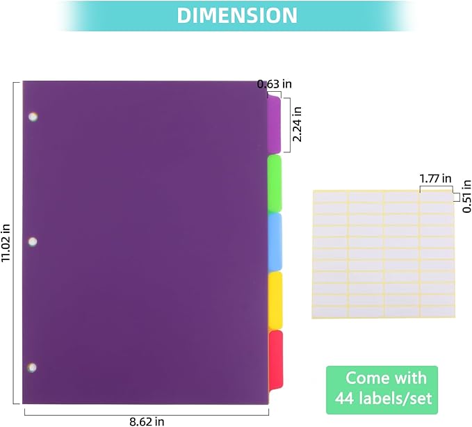 6 Sets 5 Tab Binder Dividers, Plastic Binders Dividers with Tabs Colorful Big Tab Fit Standard 8.5 X 11 Sheets, Dividers for 3 Ring Binder