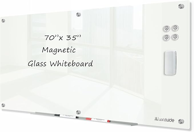 J&J worldwide Glass Dry Erase Board 6' x 3', Glass Whiteboard Magnetic, Large Frameless Glass White Boards for Walls, Includes Magnets, Marker Tray, Eraser for Office, Home, School