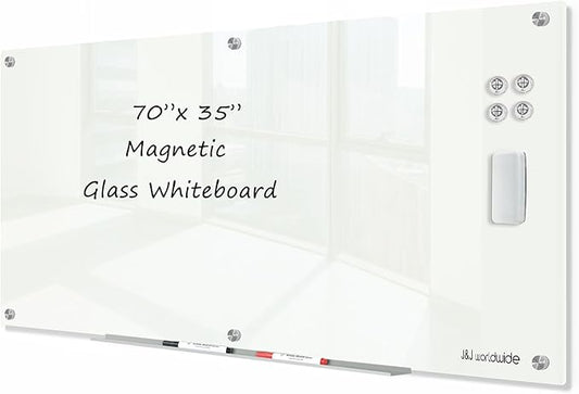 J&J worldwide Glass Dry Erase Board 6' x 3', Glass Whiteboard Magnetic, Large Frameless Glass White Boards for Walls, Includes Magnets, Marker Tray, Eraser for Office, Home, School