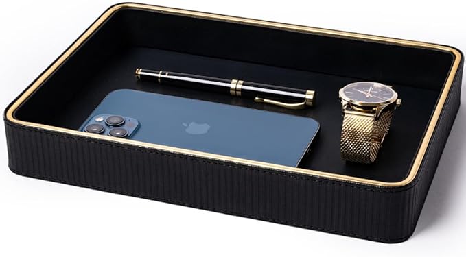 Black Leather Valet Tray for Men| Mens Valet Catch All Trays| Bedside Organizer for Nightstand| Cologne Tray for Men| Desk Trays