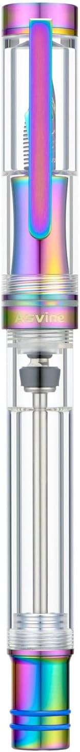 Asvine V200 Titanium Fountain Pen Vacuum Filling, Rainbow Iridium Fine Point Transparent Acrylic Smooth Writing Pen Case Set