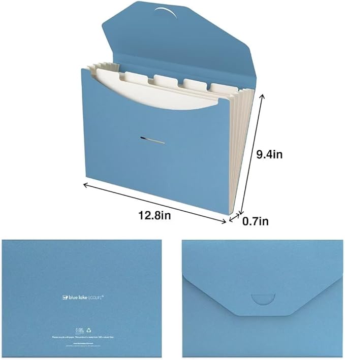 Blue Lake ECOLIFE 6-Pockets Recyclable Paper Expanding File Document Folder Plastic Free, Accordian File Organizer - A4 Letter Size, 200 Sheet for School, Office, Home Carolina