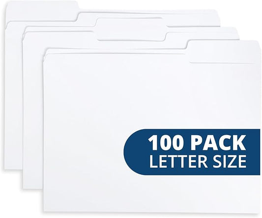 Blue Summit Supplies 100 White File Folders, 1/3 Cut Tab with Assorted Positions, Letter Size, White Paper Folders for Organizing and Easy File Storage, 100 Pack
