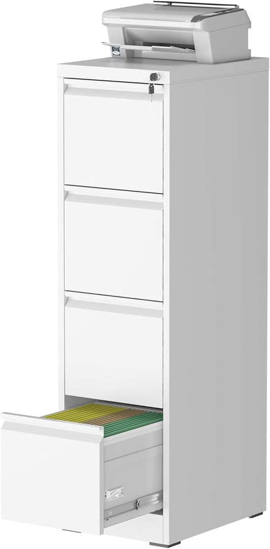 4 Drawer File Cabinet with Lock, Steel Vertical Filing Storage Cabinet for Home Office, Heavy-Duty File Cabinets for Letters/Legal/A4 (Require Assembly, White)