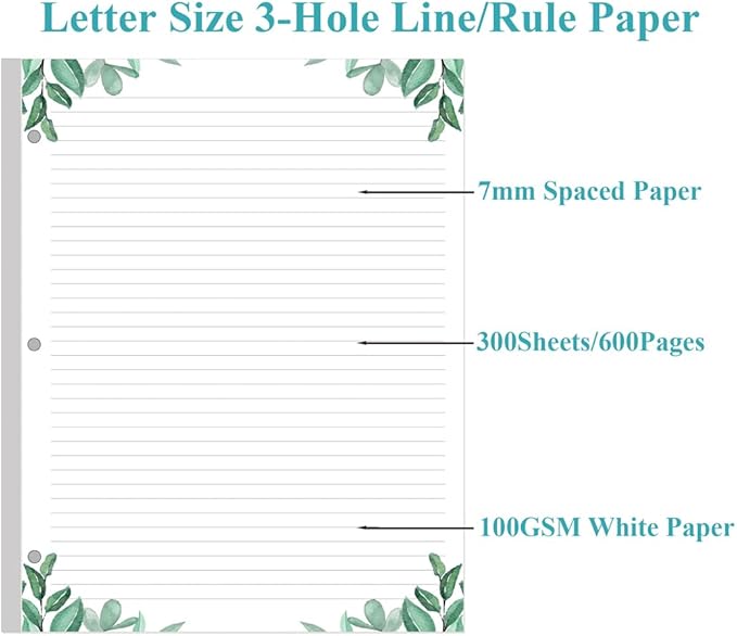 (3-Pack) Letter Size Lined Refill Paper, 3-Hole Punched Ruled Filler Paper, 300Sheets / 600Pages Loose-Leaf Line Paper, 100gsm White Paper, 8.5'' x 11'', Leaf