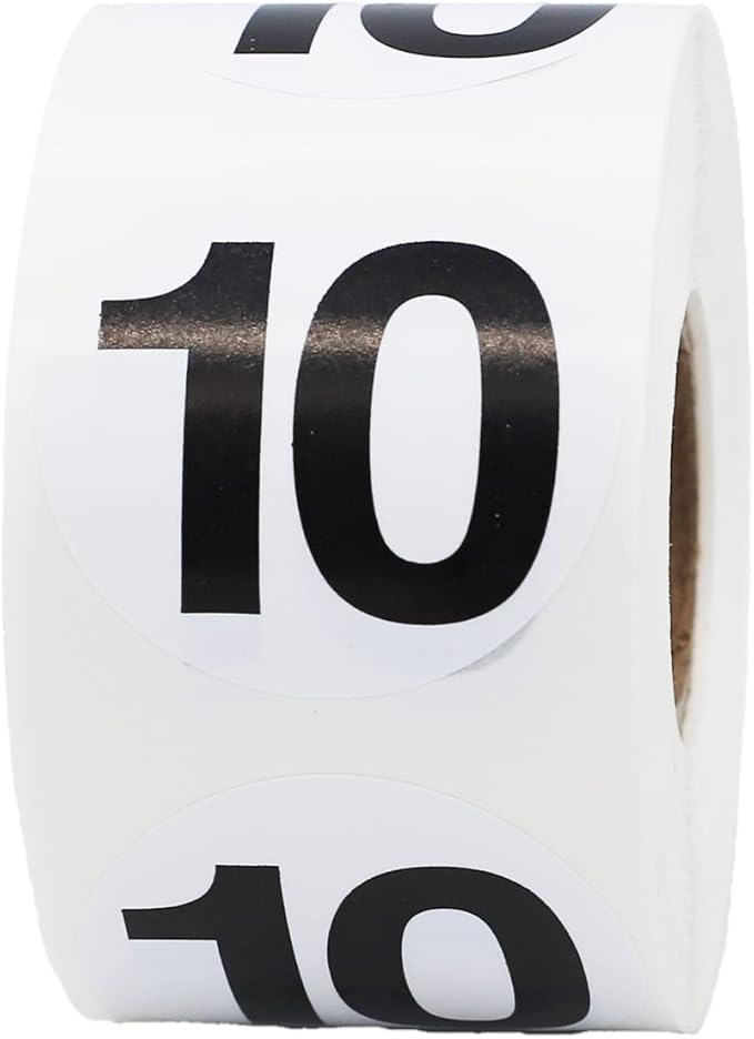 Black Number 10 Circle Stickers, 1.5 Inches Round, 500 Labels on a Roll for Inventory, Bins, Retail, Warehouse, and Classroom Organization, Made in The USA