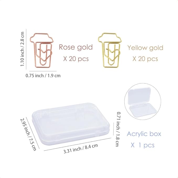 OWLFAVO 40pcs Coffee Cup Shape Paper Clips with Clear Box, Rose Gold and Yellow Gold, Funny Cute Paperclips Bookmarks Planner Clips for Fun Office Supplies School Gifts Wedding Decoration