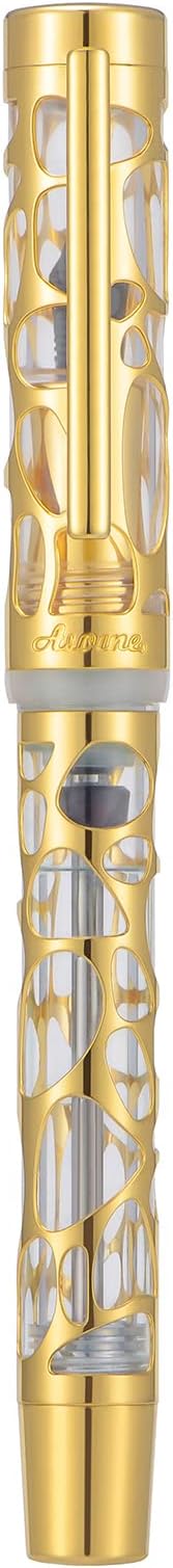 Asvine V169 Vacuum Filling Fountain Pen Fine Nib, Water Drop Skeleton Gold Trim Transparent Clear Acrylic Pen Case Set