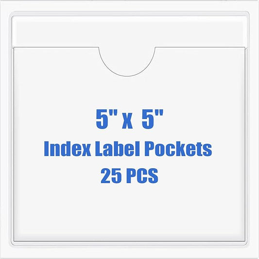 Origin-Joy 25 PCS Self-Adhesive Index Label Pockets, Clear Plastic Peel & Stick Card Holders with Top Open for Loading (5 x 5 inch)