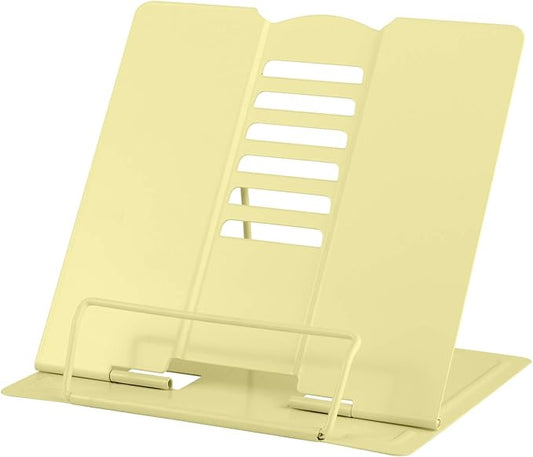 MSDADA Desk Book Stand Metal Reading Rest Book Holder Adjustable Cookbook Documents Holder Portable Sturdy Bookstands for Recipes Textbooks Tablet Music Books with Page Clips (Light Yellow)