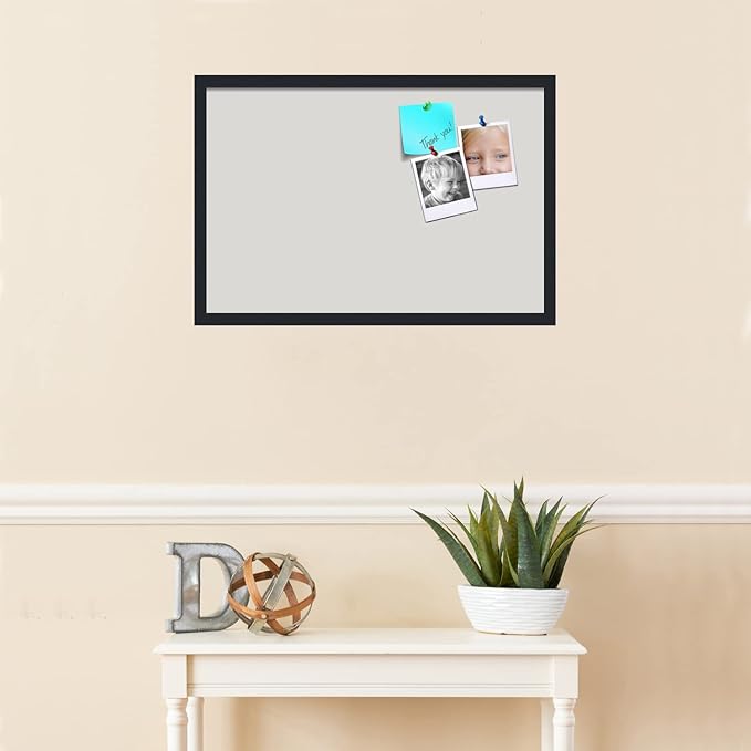 PinPix 27x18 Inch Cork Bulletin Board. This Decorative Framed Pin Board Comes with Light Stone Design and a Satin Black Frame. Ideal for Home Office Decor or Message Board (PinPix-1809)