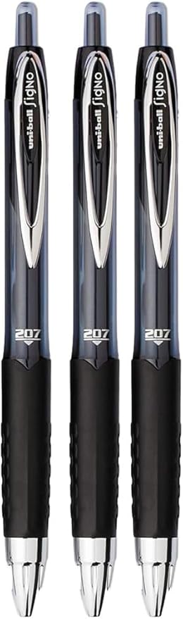 Signo 207 Roller Ball Retractable Gel Pens, Medium Point (0.7mm), Black Ink, 3 Count, Bundle with Plastic Reusable Pouch