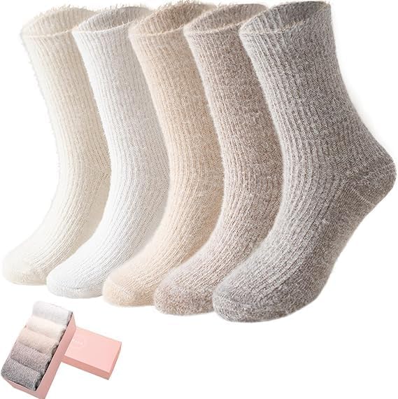 SISOSOCK 5 Pairs Fuzzy Soft Cozy Fluffy Socks for Women, Casual Warm Sleep Comfy Socks, Thick Winter Plush Gifts for Women
