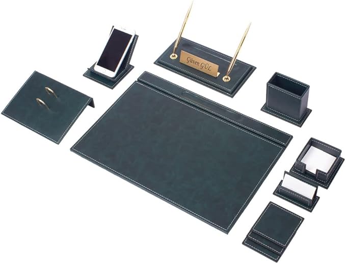 Leather Desk Set-Desk Office Accessories-Office Organizer- Home Office Accessories - Desk Supplies - Desk Storage Organizer -Desk Pad-Storage-12 Pieces -12 PCS (Green)
