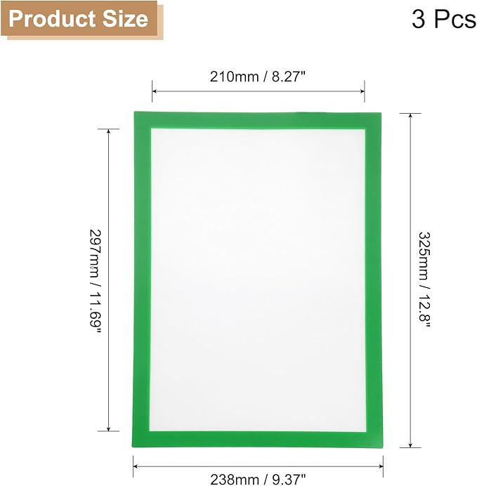 uxcell 3 Pcs Magnetic Sign Holder, 8.3" x 11.7" Self-Adhesive Magnetic Wall Signs Holder Magnetic Picture Frame Document Holder for Home Office Wall Window Displays, Green