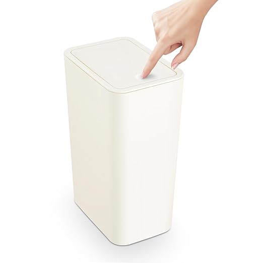 TrashAid Bathroom Trash Can with Lid, 2.6 Gallon / 10 Liter Small Garbage Can with Press Top Lid, Plastic Wastebasket with Pop-up Lids for Toilet, Office, Bedroom, Living Room, White