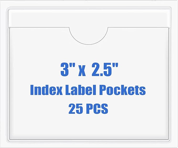Origin-Joy 25 PCS Self-Adhesive Index Label Pockets, Clear Plastic Peel & Stick Card Holders with Top Open for Loading (3 x 2.5 inch)