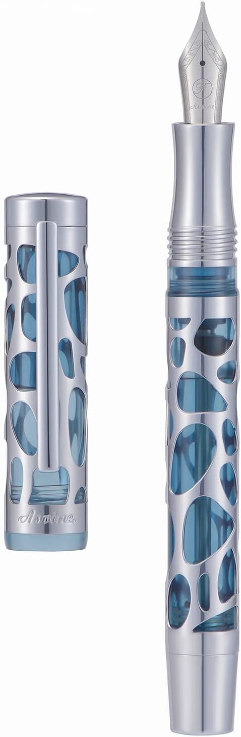 Asvine V169 Vacuum Filling Fountain Pen Fine Nib, Water Drop Skeleton Transparent Gray Blue Acrylic Pen Case Set