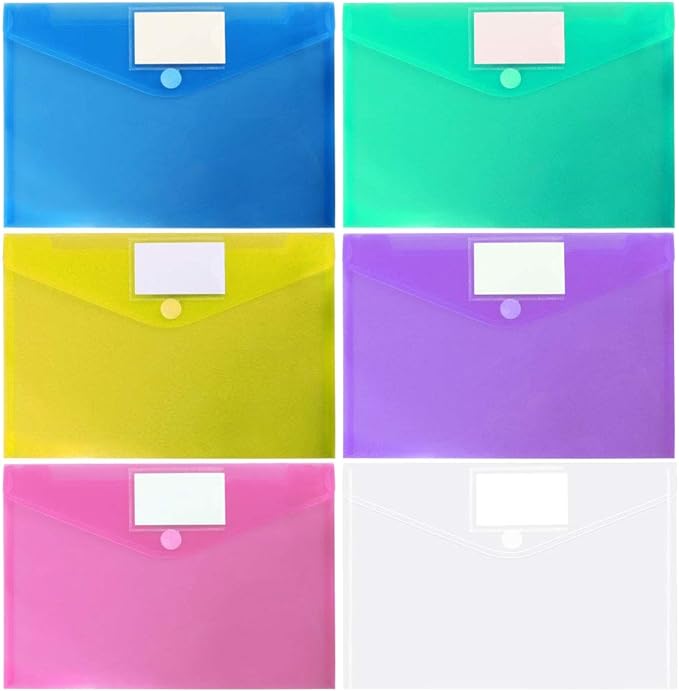 36 Pack Plastic Poly Filing Envelopes, Clear Document Folders US Letter A4 Size File Envelopes with Label Pocket & Paste Button for School Home Work Office Organization, 6 Assorted Color