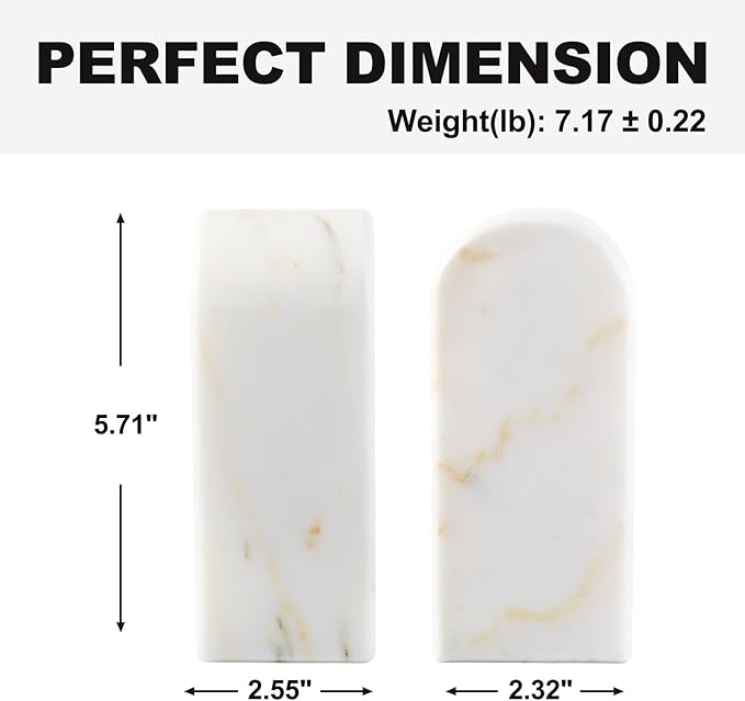 Koville Natural Marble Bookends for Shelves, Decorative Book Ends, 7lbs Heavy-Duty Marble Book Holders, Bookshelf Apartment Decor for Normal Books/CD/Video Games Calacatta