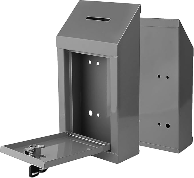 Metal Donation Box-Suggestion Box with Slot and lock-Cash Lock box for Money-Waterproof Drop Box-Comment and ballot voting box-comes with pre-drilled holes for easy wall mounting 10 X 6 X 2.5"(Gray)