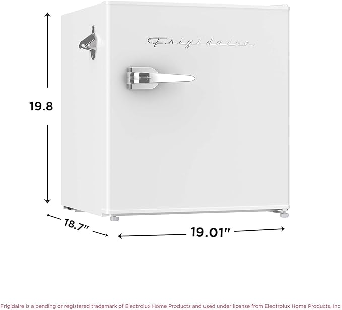 Frigidaire Retro Compact Fridge with Chiller, Countertop, Built-In Bottle Opener, Compact Refrigerator 1.6 cu ft, Mini Fridge for Office, Bedroom, Dorm Room or Cabin - 16" D x 18" W x 18.5" H (White)