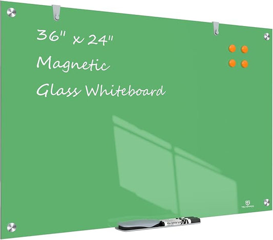 TSJ OFFICE Glass Dry-Erase Board - 36 x 24 Inches Wall Mounted Magnetic Whiteboard, Large Frameless Glass White Board for Office, Home & School, Green
