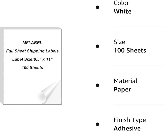 MFLABEL Full Sheet Sticker Label, Address Sticker, White Matte Label Paper, 8-1/2" x 11" Shipping Labels for Laser & Inkjet Printer (400 Labels, 400 Sheets)