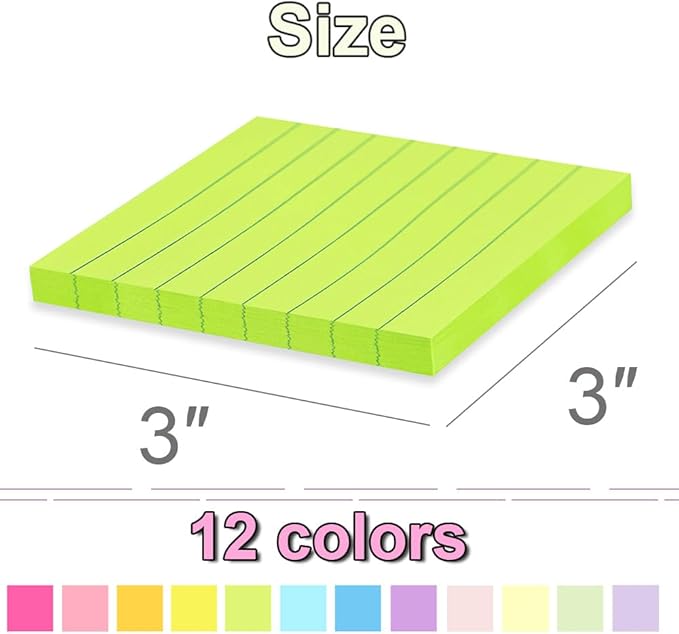 (24 Pads) Lined Sticky Notes 3x3 in Ruled Stickies Super Sticking Power Memo Pads Bright Colors