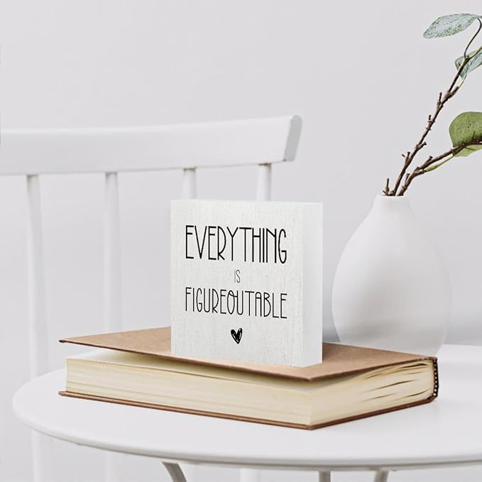 mmiishe Everything Is Figureoutable Wooden Box Sign Decorative Inspirational Farmhouse Wood Box Sign Home Office Decor Motivational Gift Rustic Square Desk Decor Sign for Shelf 5 x 5 Inches