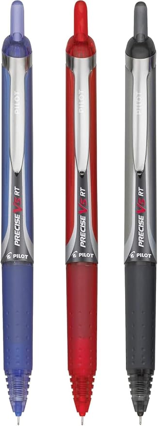 Precise V5 RT Retractable Rolling Ball Pens, Extra Fine Point (.5mm), Assorted Colors Black/Blue/Red Ink, 3-pk; Premium Comfort Grip, Bundle with Plastic Reusable Pouch