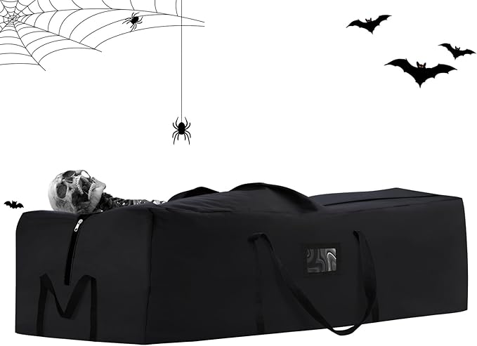 Halloween Storage Bag, Fits Up 12 Ft Skeleton-Heavy Duty Holiday Storage Box with Durable Reinforced Handles & Zipper & Pocket- 600D Oxford Christmas Tree Storage Container, Black