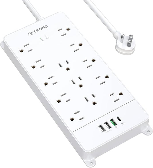 TROND Surge Protector Power Strip with USB C, Flat Plug Extension Cord 5 ft, 13 Wide Spaced Outlets, 4000 Joules, 32W Quick Charge 3.0 &, Wall Mount, Under Desk, Heavy Duty ETL Listed, White
