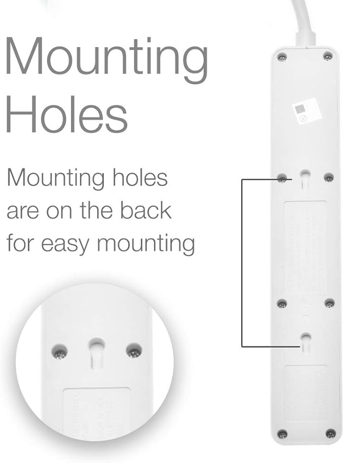 Digital Energy 6-Outlet + 2 USB 1050 Joule Surge Protector Power Strip with 25-Ft Long Extension Cord, White, UL Listed